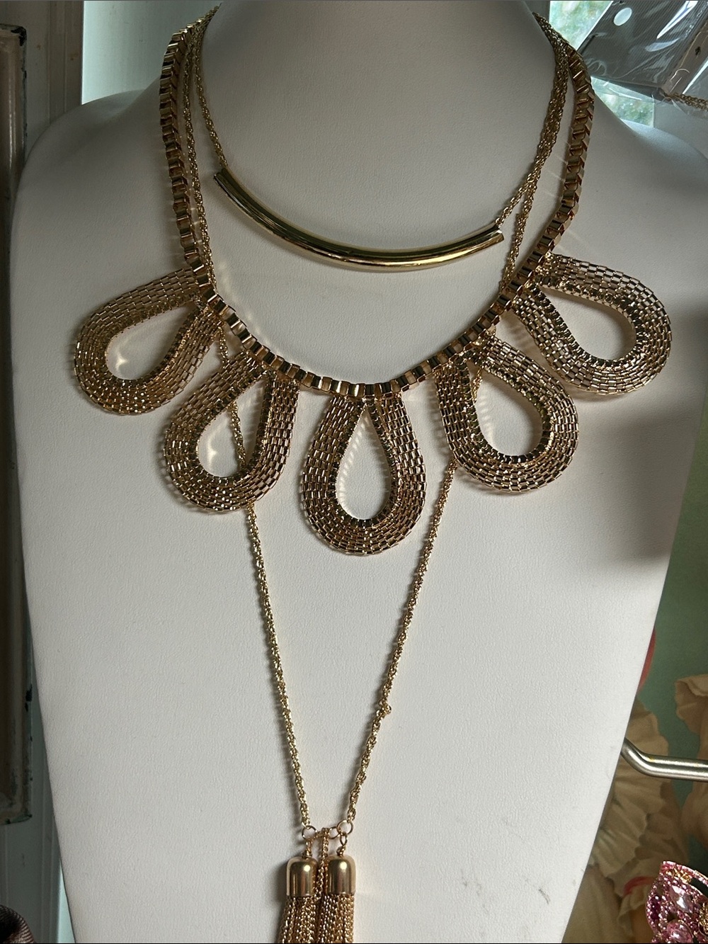 Gold Statement Layered Necklace - Elegant Teardrop & Tassel Design